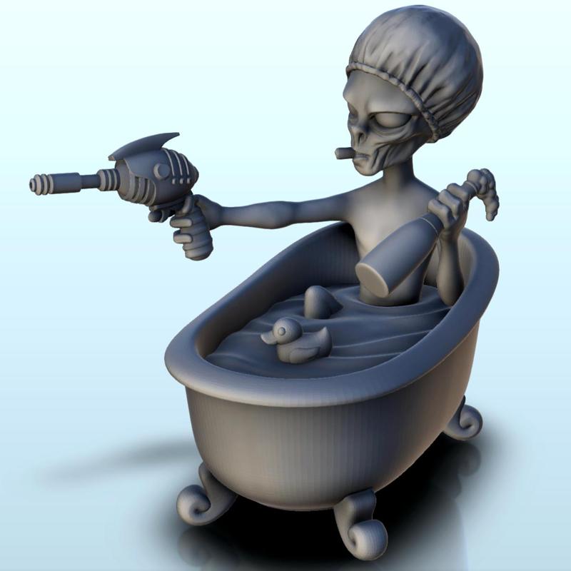 Armed alien in his bathtub with floating duck (5) (+ pre-supported version & rounded base) - SF Warhordes ET extraterrest Confrontation