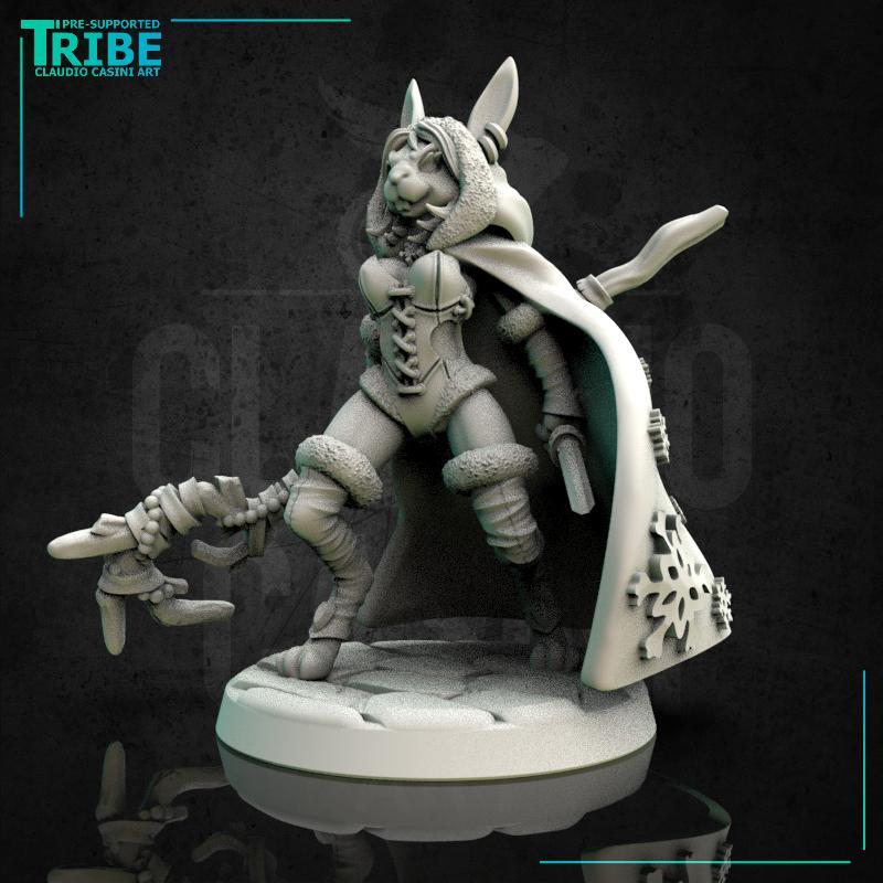 (0157) Female rabbitfolk wizard sorceress druid with a magical club, cape and a knife