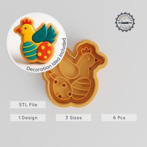 Hen & Eggs Cookie Cutter & Stamp, Chicken Nest, Easter Hen, 6-Piece Set, S/M/L Sizes PRODUCT_480