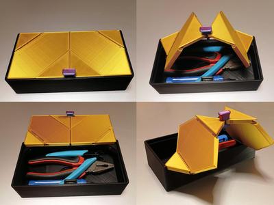 Solid storage box with origami folding lids.
