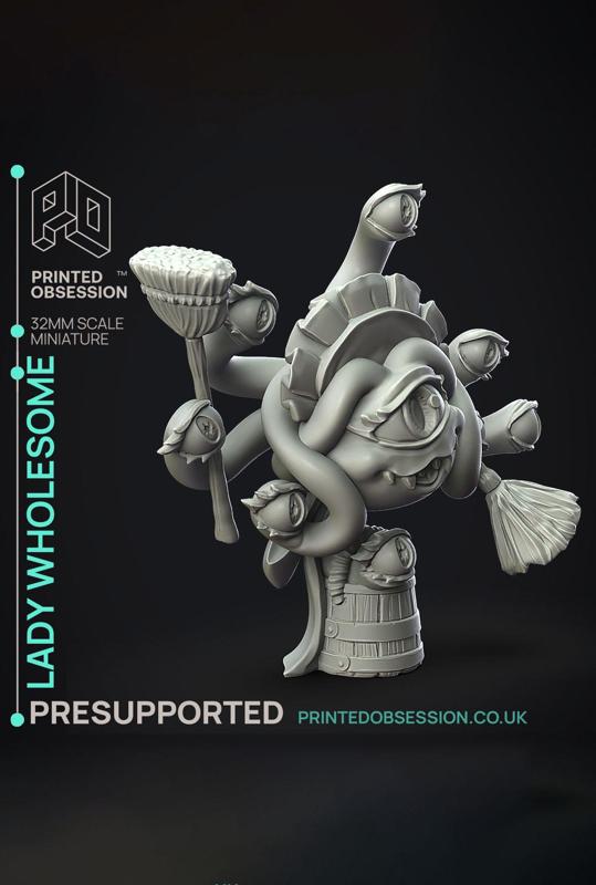 Lady Wholesome - Dungeon Cleaning Inc - PRESUPPORTED - Illustrated and Stats - 32mm scale			
