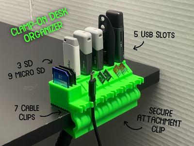 Clamp-On Desk Organizer for Cables, USBs, SD Cards