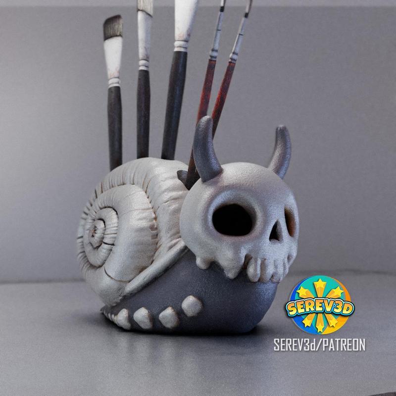 Spooky Skull Snail - Paintbrush/Pen holder - 3D print STL and multicolor 3MF file