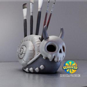 Spooky Skull Snail - Paintbrush/Pen holder - 3D print STL and multicolor 3MF file