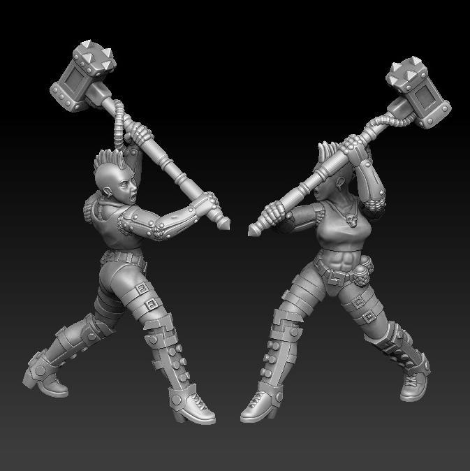 cyberpunk thug girl with big hammer