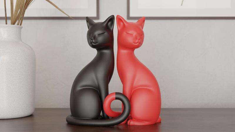 Twin Tails Cat Sculpture – Minimalist Matte Black and Red Figurines