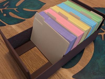 Index card box with separators A6, A7 and A8