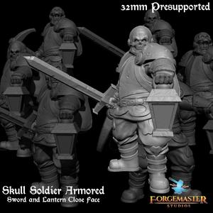 Human Death Knight - Skull Soldier Armored Sword and Lantern Close Face