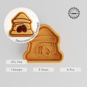 Coffee Bean Sack Cookie Cutter & Stamp Set, 6-Piece, Breakfast, Fondant, S/M/L Sizes PRODUCT_1048