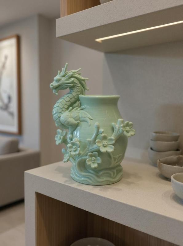 Cherry Blossom Guardian – Dragon Vase in Cream White