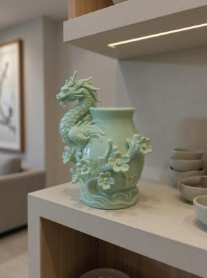 Cherry Blossom Guardian – Dragon Vase in Cream White