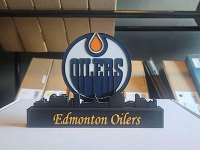 Edmonton Oilers with skyline of Edmonton NHL