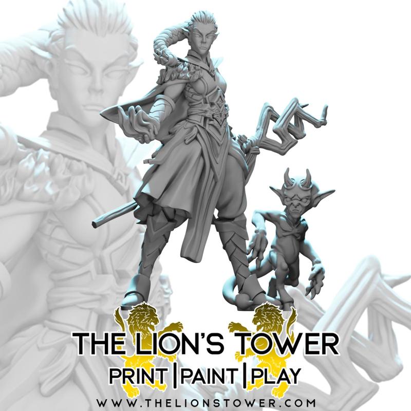 Alenor, Elven Sorceress and her Imp Familiar, Griblett (32mm scale presupported miniature)