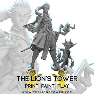 Alenor, Elven Sorceress and her Imp Familiar, Griblett (32mm scale presupported miniature)