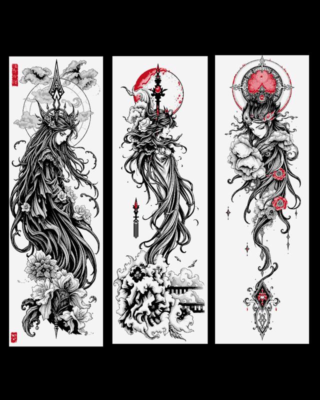 Orient influenced Line art depicting symbolic women - set of bookmarks