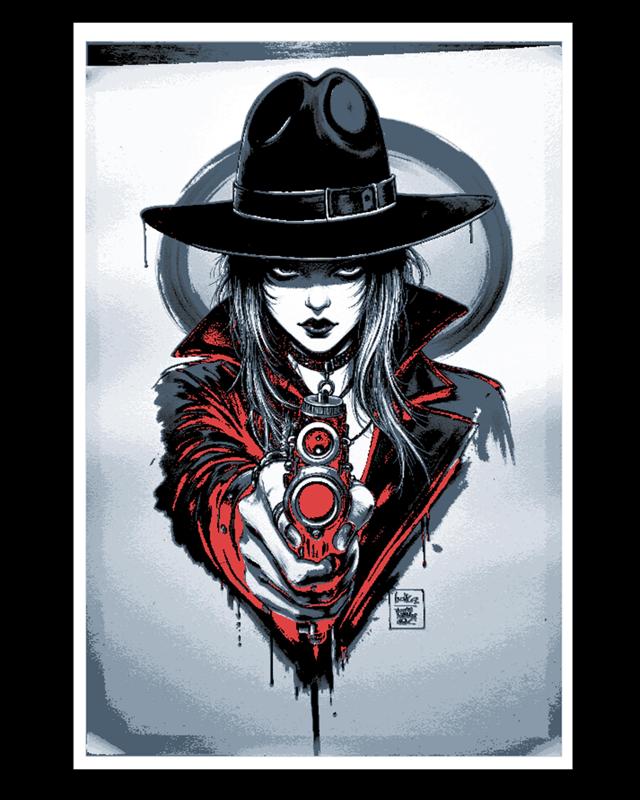 Irreverent art depicting the Drifter and her protection - gothic steampunk style - hueforge art