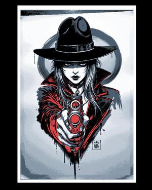Irreverent art depicting the Drifter and her protection - gothic steampunk style - hueforge art