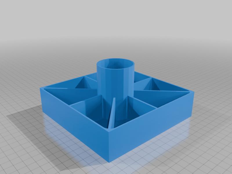 6"x6"x1.5" with a 3"Tall x2" Center/Parts container