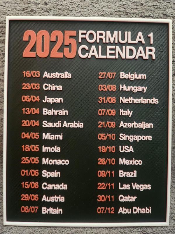 Calendar F1 2025 - HueForge