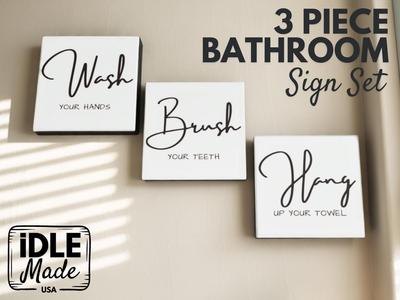 Wash Hands, Brush Teeth, Hang Towel Bathroom Signs