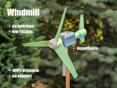 Windmill - 100% printable - no support - no bearings - low friction - video