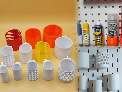 Canister, pegboard rack for cylindrical containers, square and round hole compatible with IKEA SKADIS, various sizes