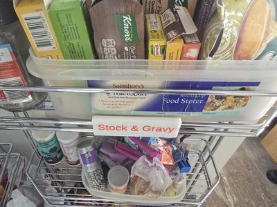 Labels for "Tandem" pull-out kitchen pantry unit