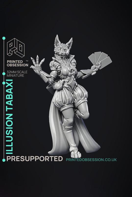 Illusionist Tabaxi - Were Folk - PRESUPPORTED - Illustrated and Stats - 32mm