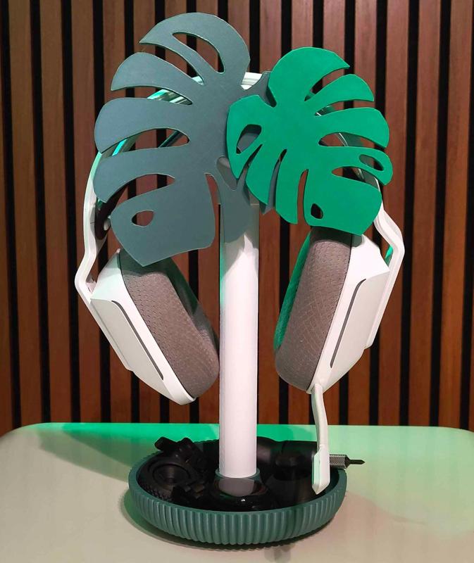 Cute Headphone Stand with Bowl - Monstera Design