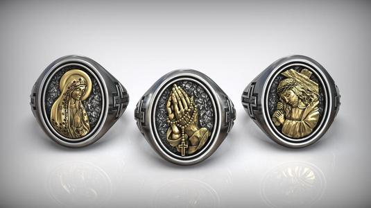 Praying Hands Holy Mary and Jesus Christ Cross Silver Rings 3D Model Collection