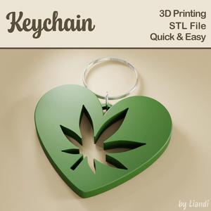 Cannabis Leaf Heart STL Keychain – 3D Print File, Marijuana Love Keyring or Bag Charm, Digital Download for Commercial Use