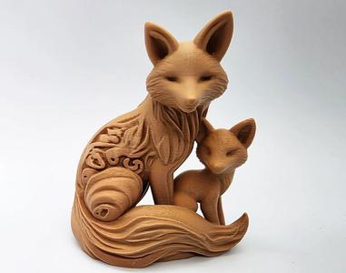Wood-Carved Fox & Cub