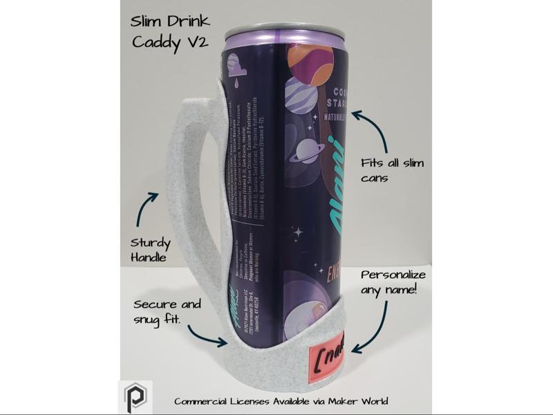 Slim Drink Caddy V2 – Can Holder + Clip-In Tag