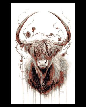 Artistic Depiction of a Highland Bull caught up with Roses - Hueforge Art
