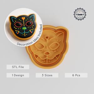 Day of the Dead Cat Cutter & Stamp Set, Sugar Skull Cat Cookie Decoration, 6-Piece Calavera Kitty Fondant Mold Sizes S M L PRODUCT_927