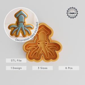 Squid Shape Cutter & Stamp Set, Cookie & Fondant Designs, 6 Pieces, Octopus, Sea Creature, Marine Life PRODUCT_1144