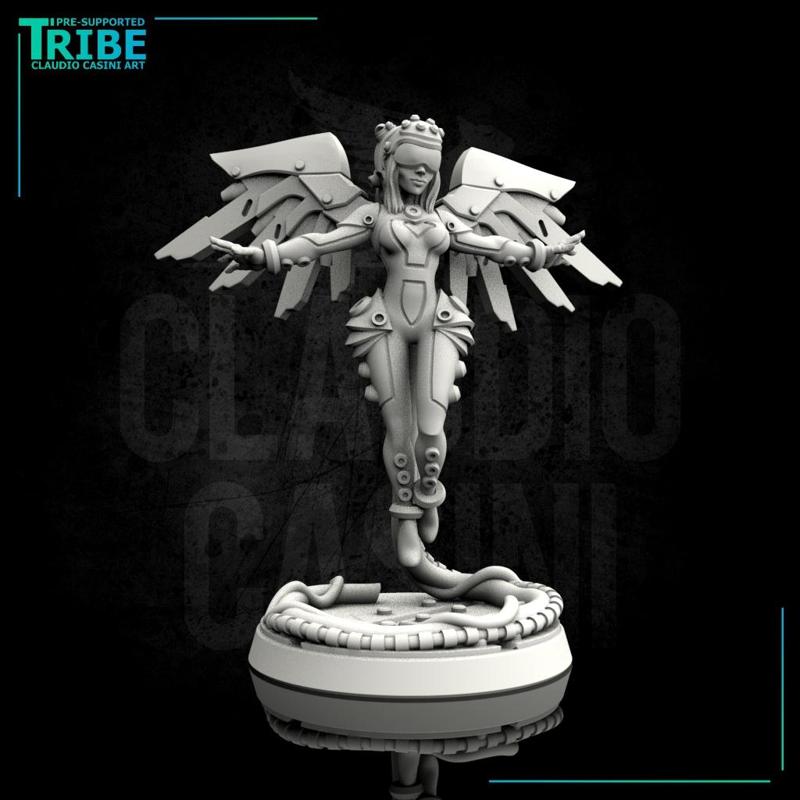 (0100) Female cyberpunk net-runner with wings and connection cable