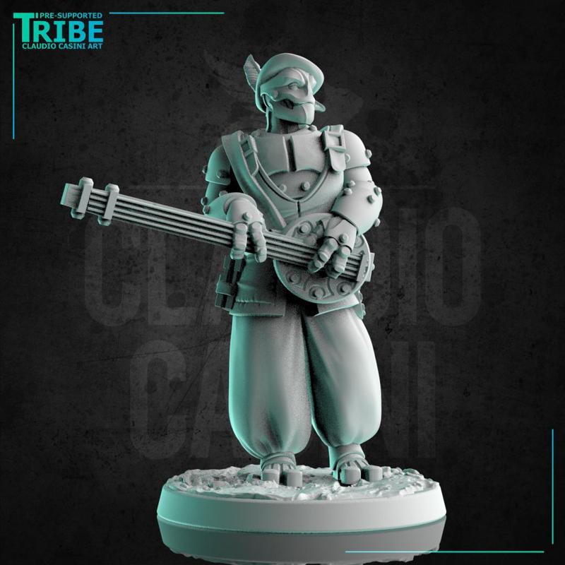 (0202) Male robot Warforged bard with lute