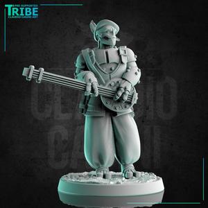 (0202) Male robot Warforged bard with lute