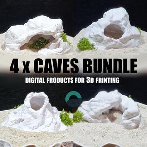 4 Aquarium & Terrarium Caves Bundle, Natural Look Rocky Cave Collection, Fish and Reptile Hides