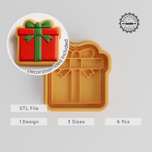 Gift Box Shape Cutter & Stamp, Cookie Fondant Set, Present Ribbon Designs, Sizes S/M/L, 6-Piece Collection PRODUCT_40