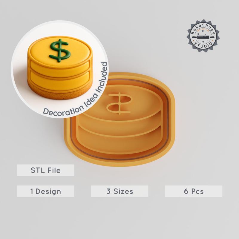 Dollar Shape Cookie Cutter & Stamp Set, Currency Pile Design, 6-Piece Collection, S/M/L Size Options PRODUCT_574