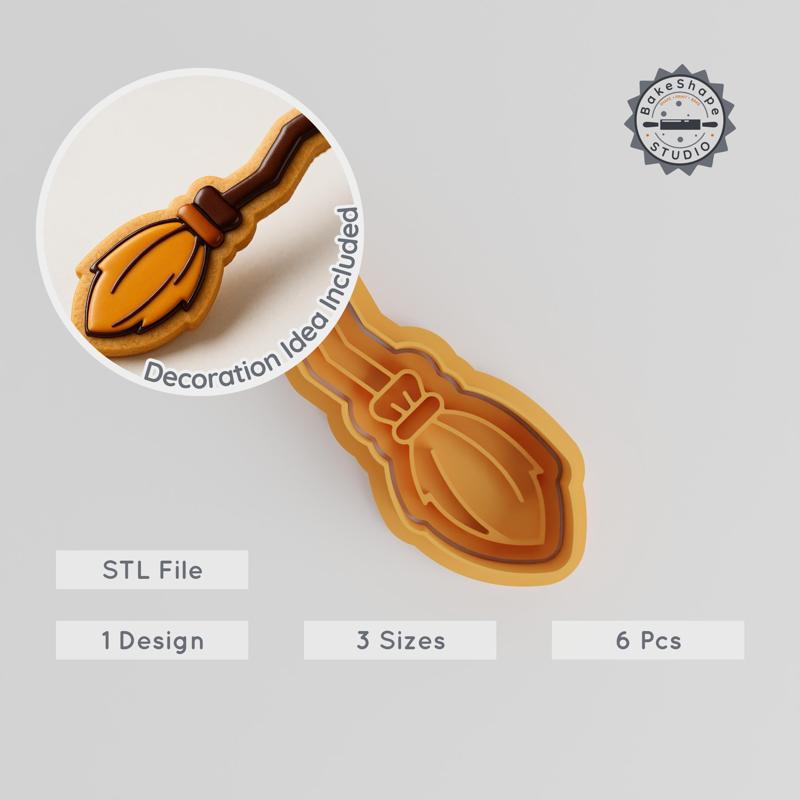 Magic Broom Shape Cutter & Stamp Set, Cookie & Fondant, 3 Sizes, 6 Pieces, Wizard & Witch Theme PRODUCT_243