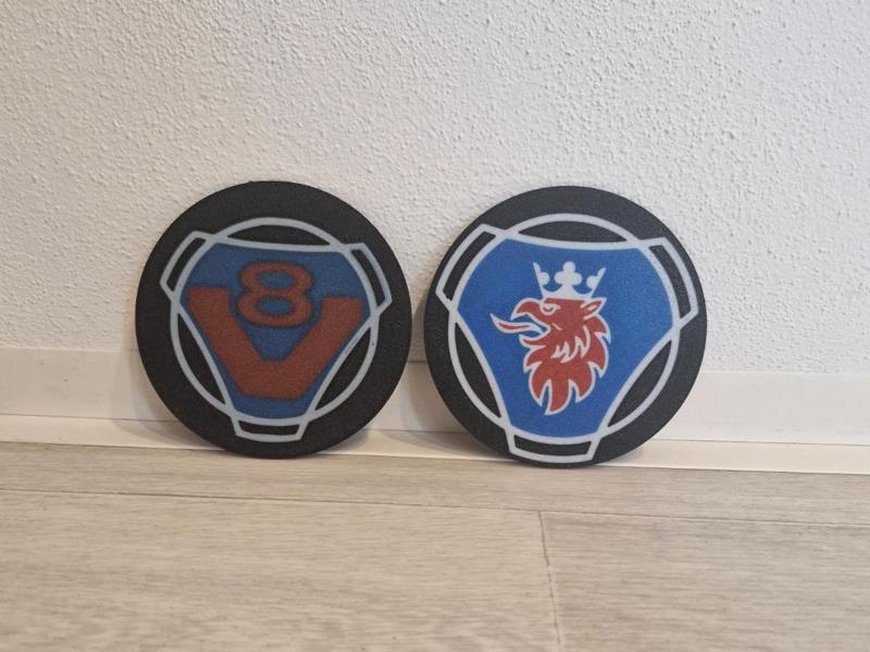 Coasters with Scania Griffin and V8 Logo
