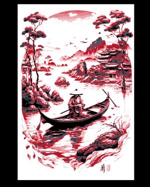Asian Artistic work - boat on the water with temples around - hueforge