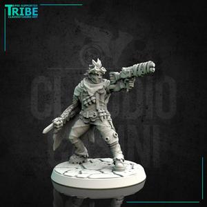 (0165) Male sci-fi post-apocalyptic warrior with mechanical arm and gun