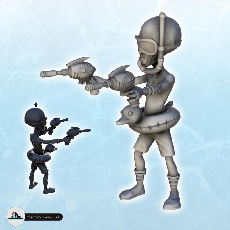 Armed alien with duck buoy and snorkel (4) (+ pre-supported version & rounded base) - SF Warhordes ET extraterrest Confrontation