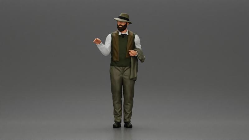 Stylish Man in a Hat slipover and Scarf Holding a Suit