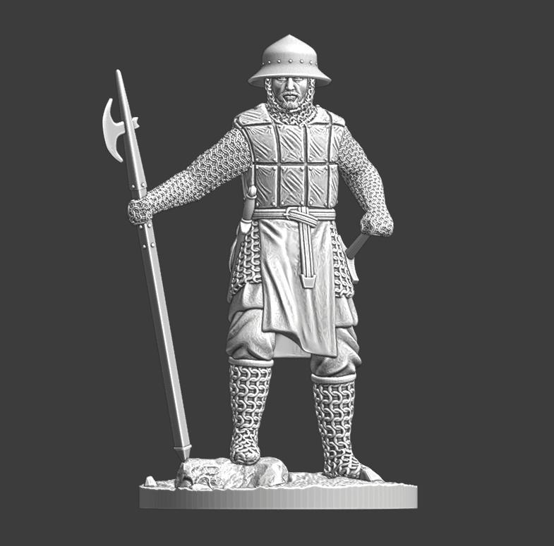 Medieval soldier with pole weapon resting