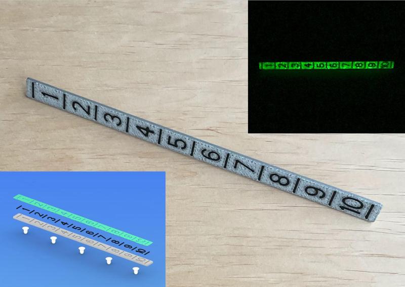 Depth scale for hydraulic of a tractor - glow in the dark with flexible pins